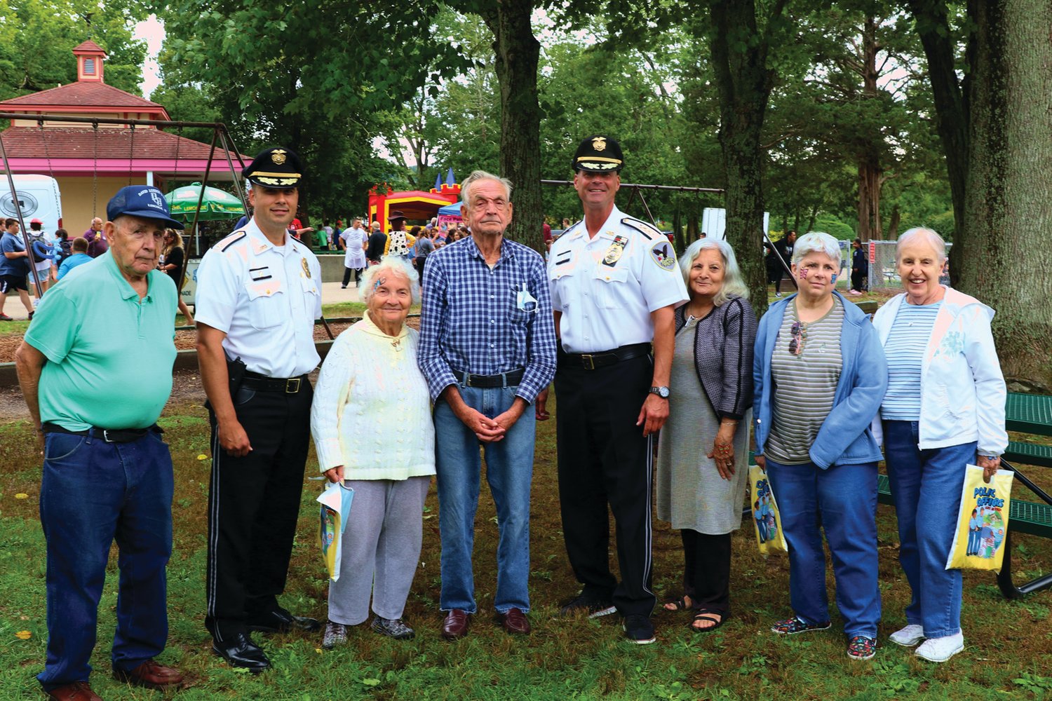 SUPPORTING SENIORS: The Johnston Police Department prides itself in interacting with the senior citizen population in town whose residents (above) were among the many people who enjoyed the recent “community cookout” — a.k.a. National Night Out inside War Memorial Park.